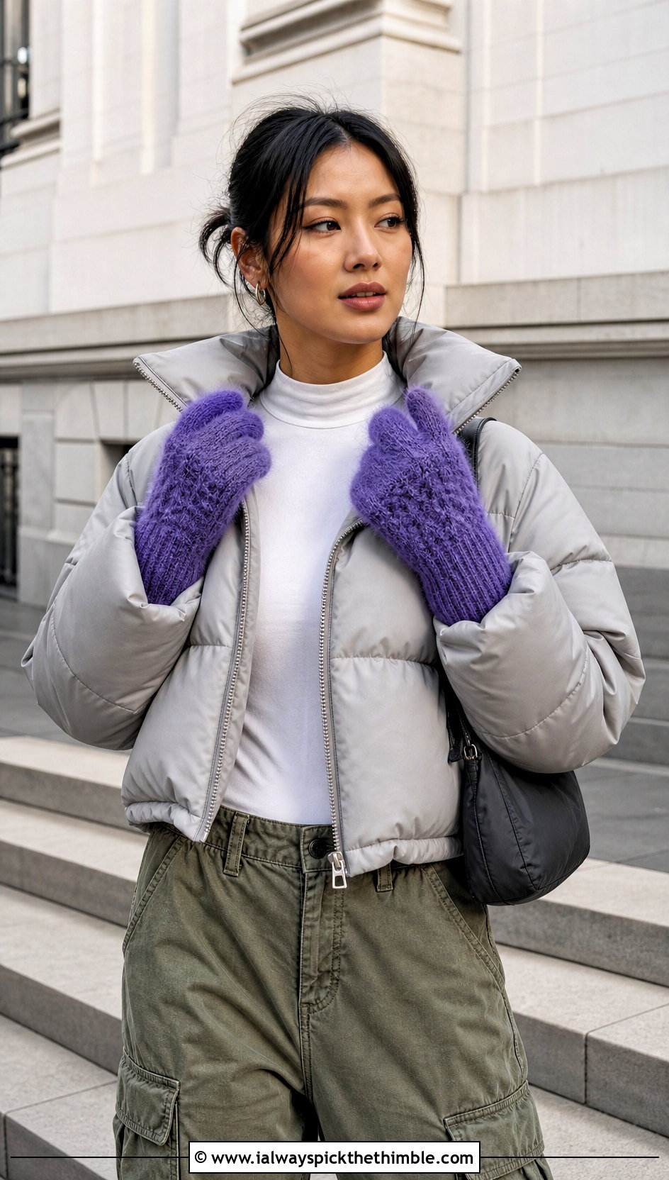 Fuzzy Mohair Long Cuff Tabi Crochet Mittens With Puffer And Cargo Pants - 20 Tabi Crochet Mittens outfit ideas