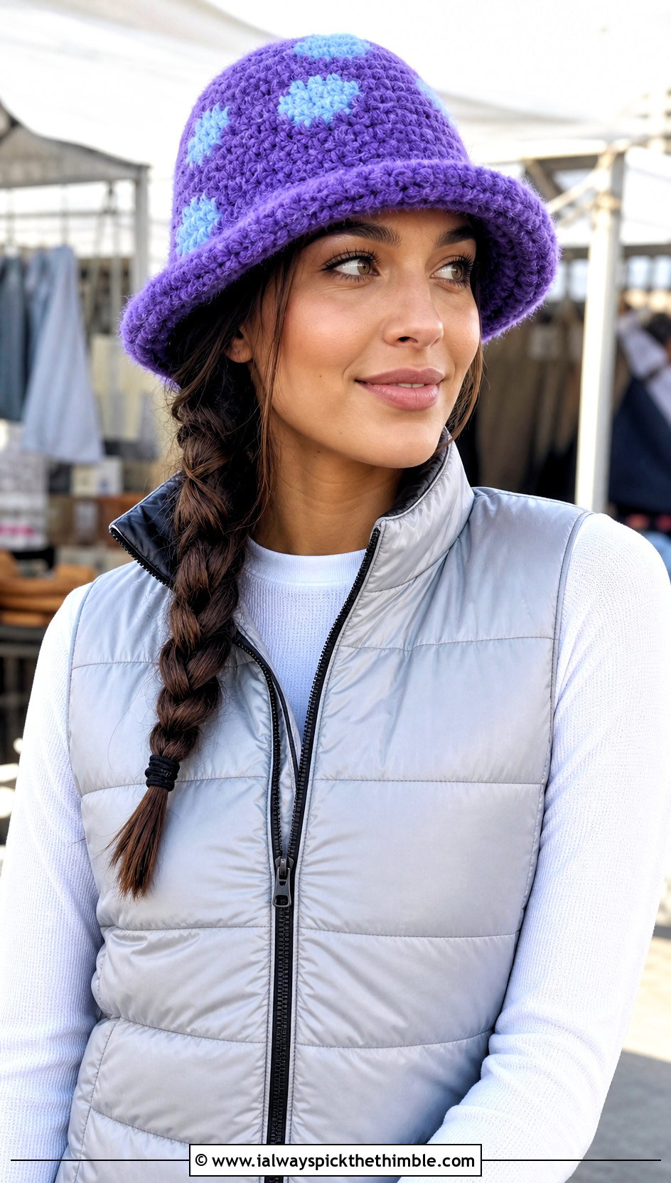 Fuzzy Mushroom Crochet Bucket Hat With Puffer Vest - 15 Mushroom Crochet Bucket Hat outfit ideas