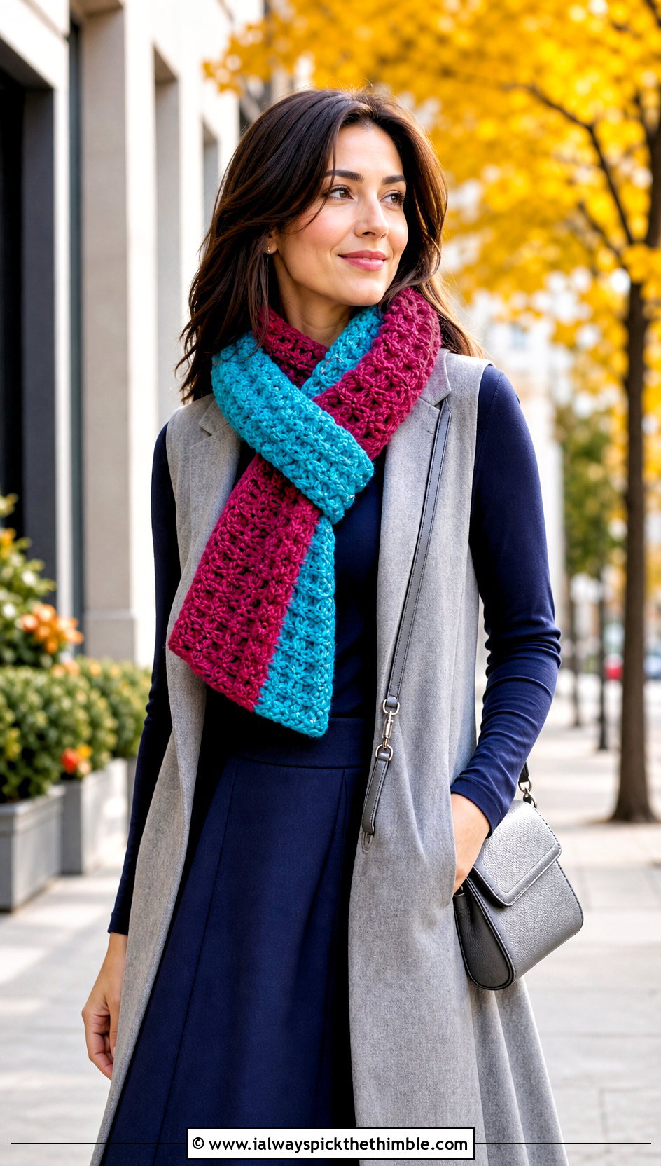 Fuzzy Reversible Crochet Scarf With Long Vest And Midi Skirt - 20 Fuzzy Crochet Scarf outfit ideas