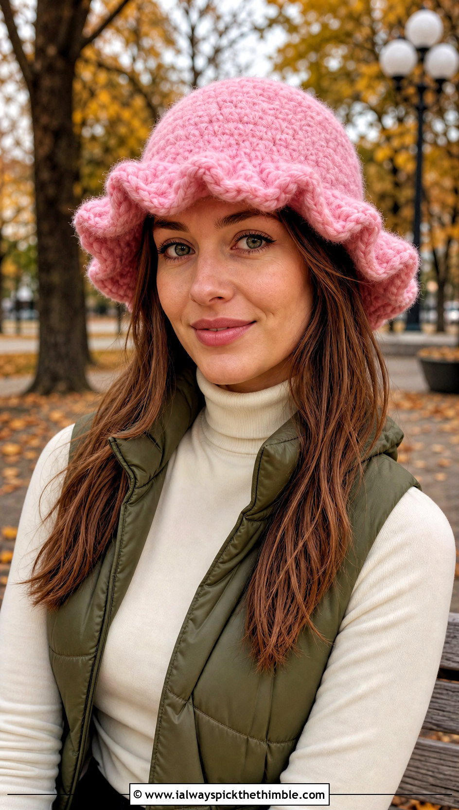 Fuzzy Ruffle Crochet Bucket Hat With Puffer Vest - 20 Crochet Bucket Hat With Ruffles outfit ideas