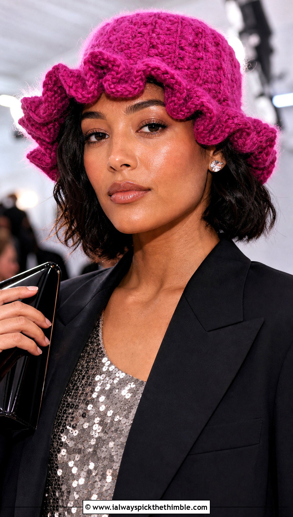 Fuzzy Ruffled Crochet Bucket Hat With Sequin Top And Trousers - 20 ruffled crochet bucket hat outfit ideas