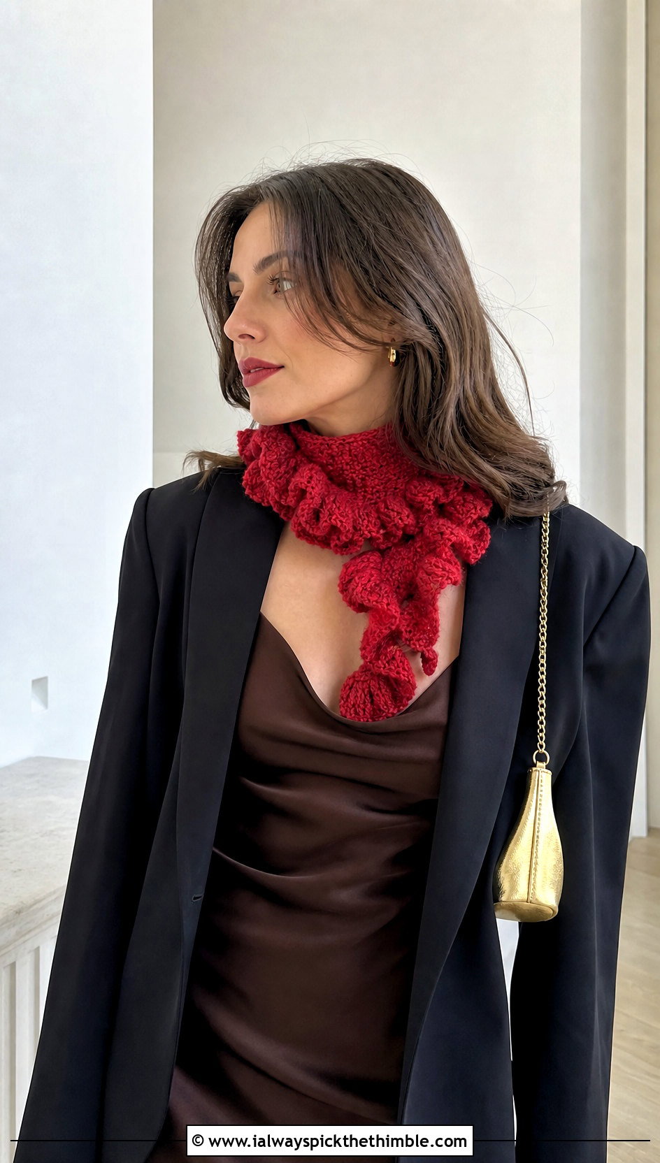 Fuzzy Ruffled Crochet Scarf With Slip Dress And Blazer - 20 Fuzzy Crochet Scarf outfit ideas
