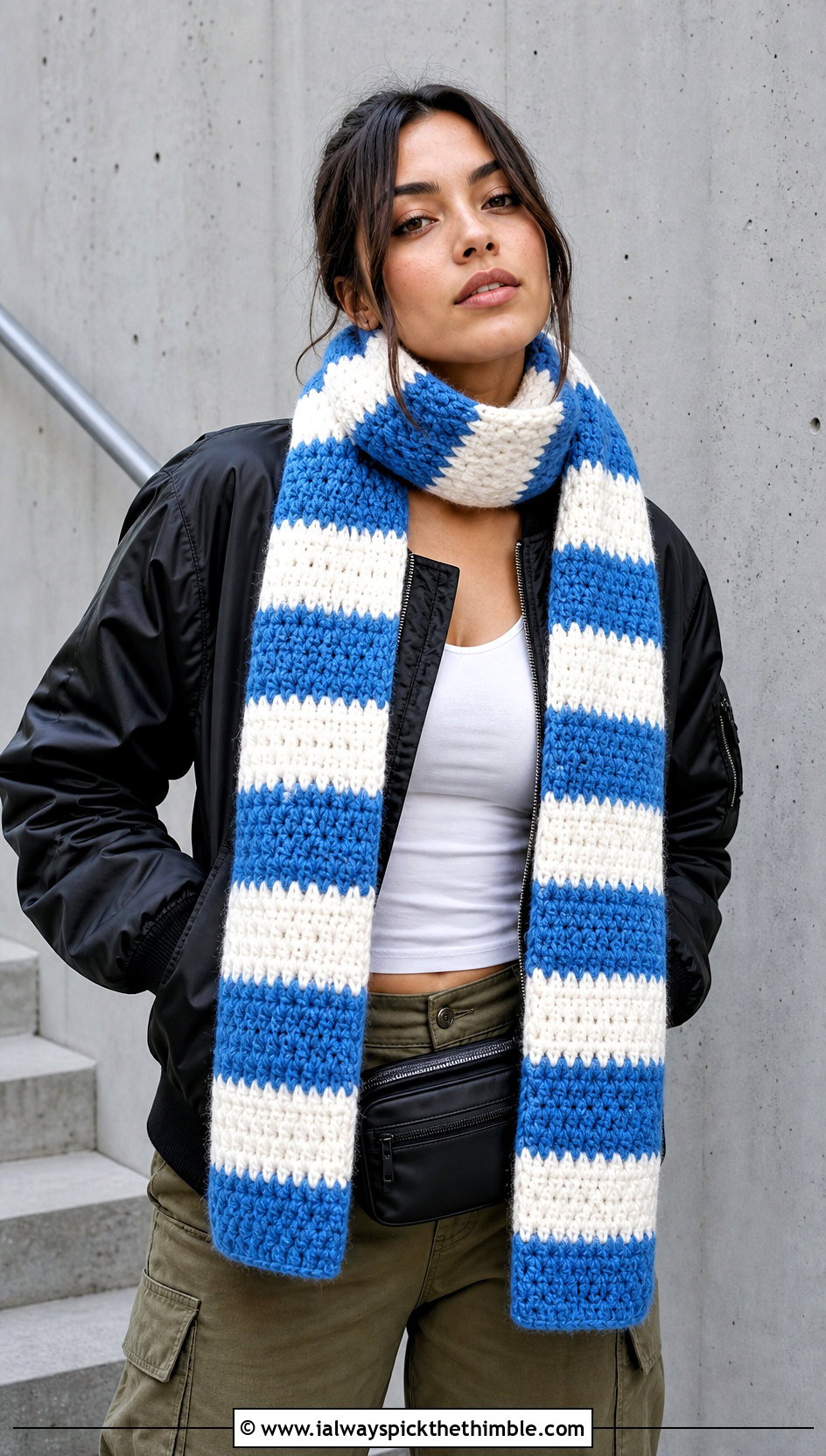 Fuzzy Striped Crochet Scarf With Bomber Jacket - 20 Fuzzy Crochet Scarf outfit ideas