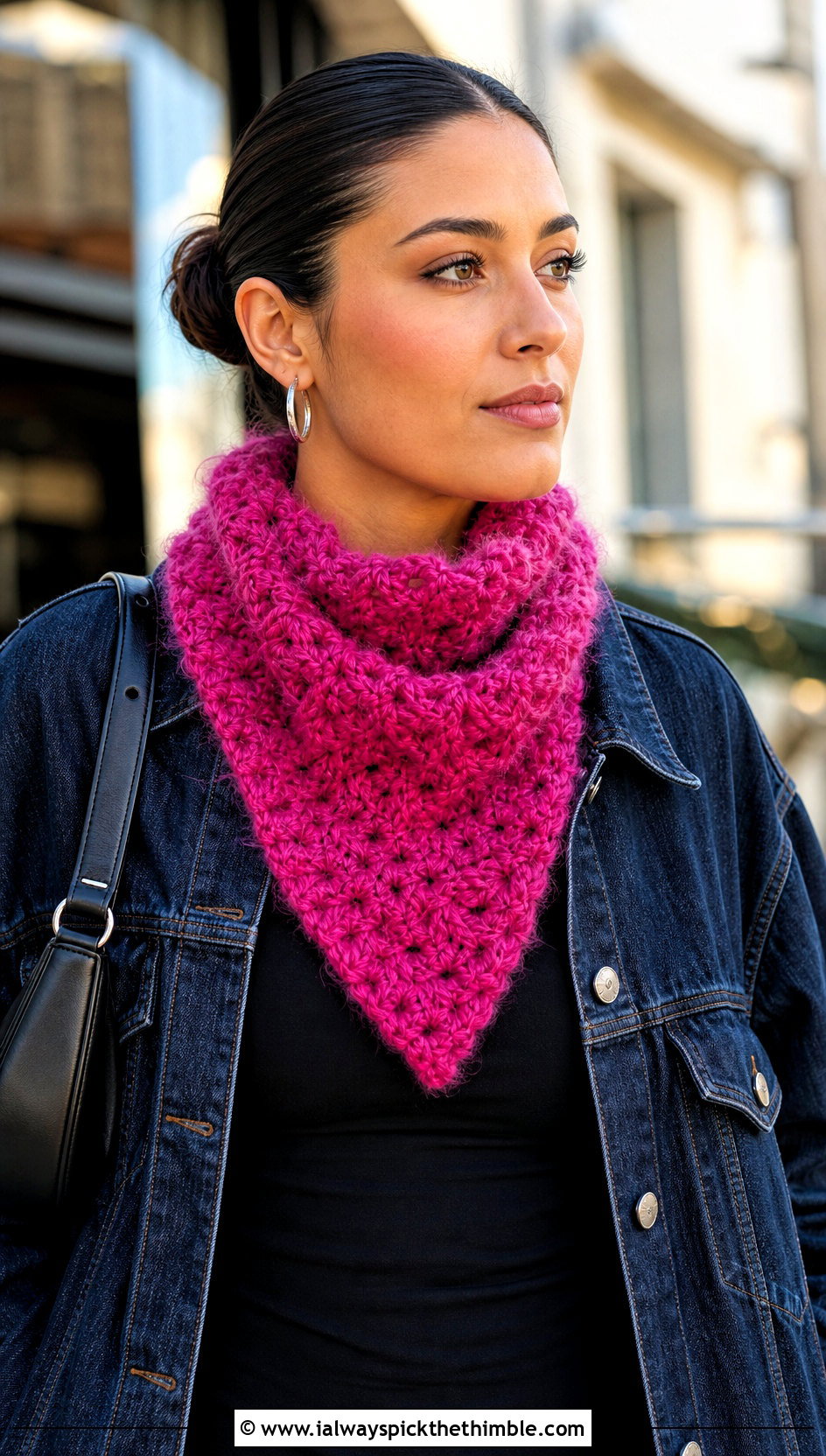 Fuzzy Triangle Crochet Scarf With Denim Jacket - 20 Fuzzy Crochet Scarf outfit ideas