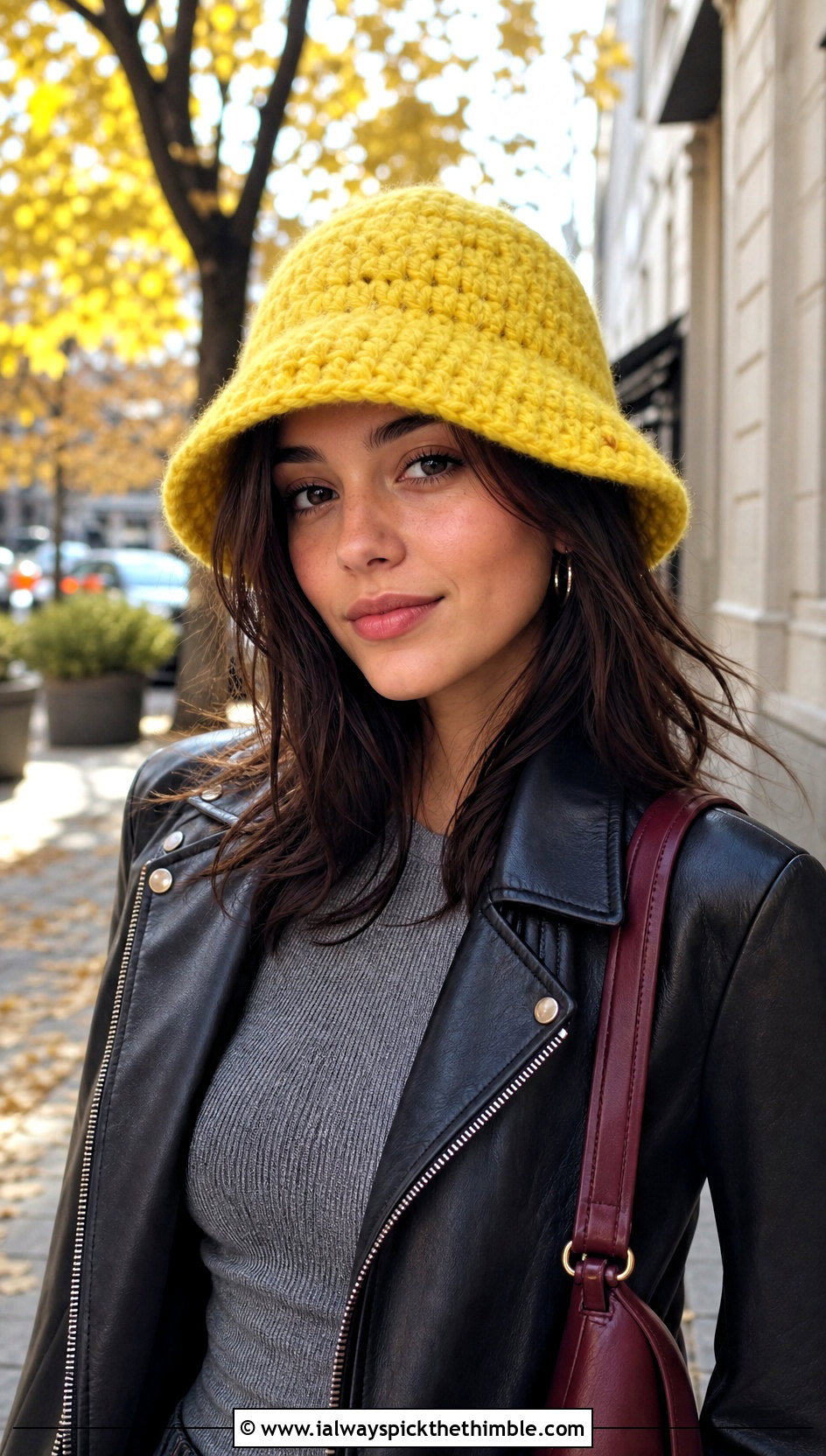 Fuzzy Yellow Crochet Bucket Hat With Leather Jacket - 20 yellow crochet bucket hat outfit ideas