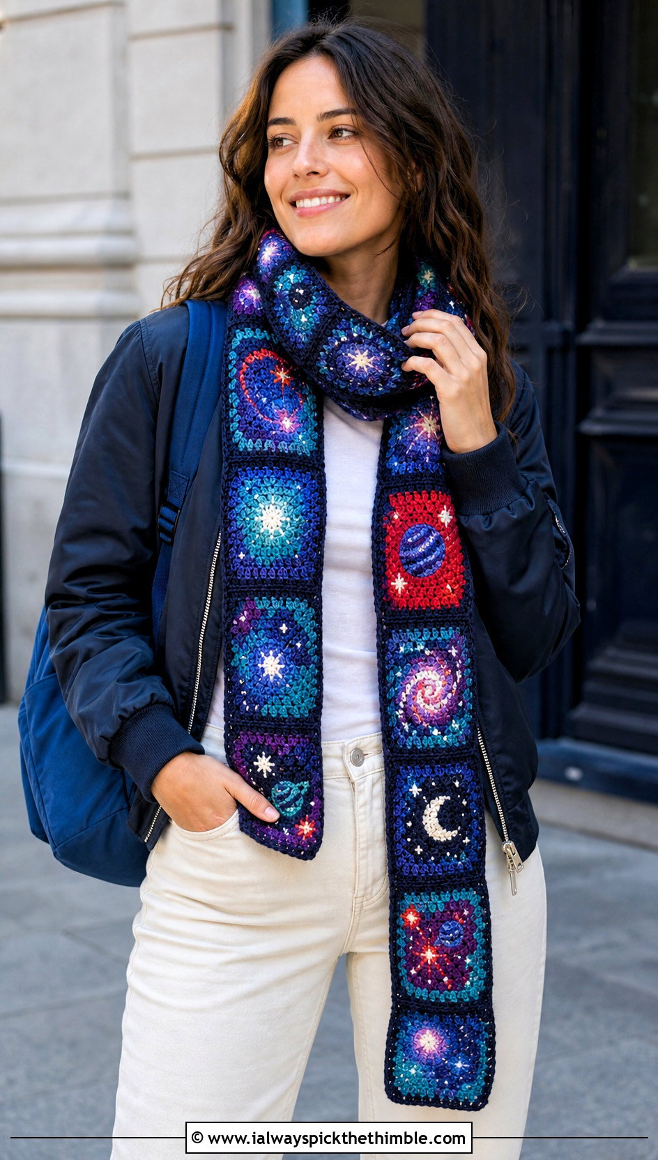 Galaxy Granny Square Scarf With Bomber Jacket - 15 Crochet Star Wars Scarf outfit ideas