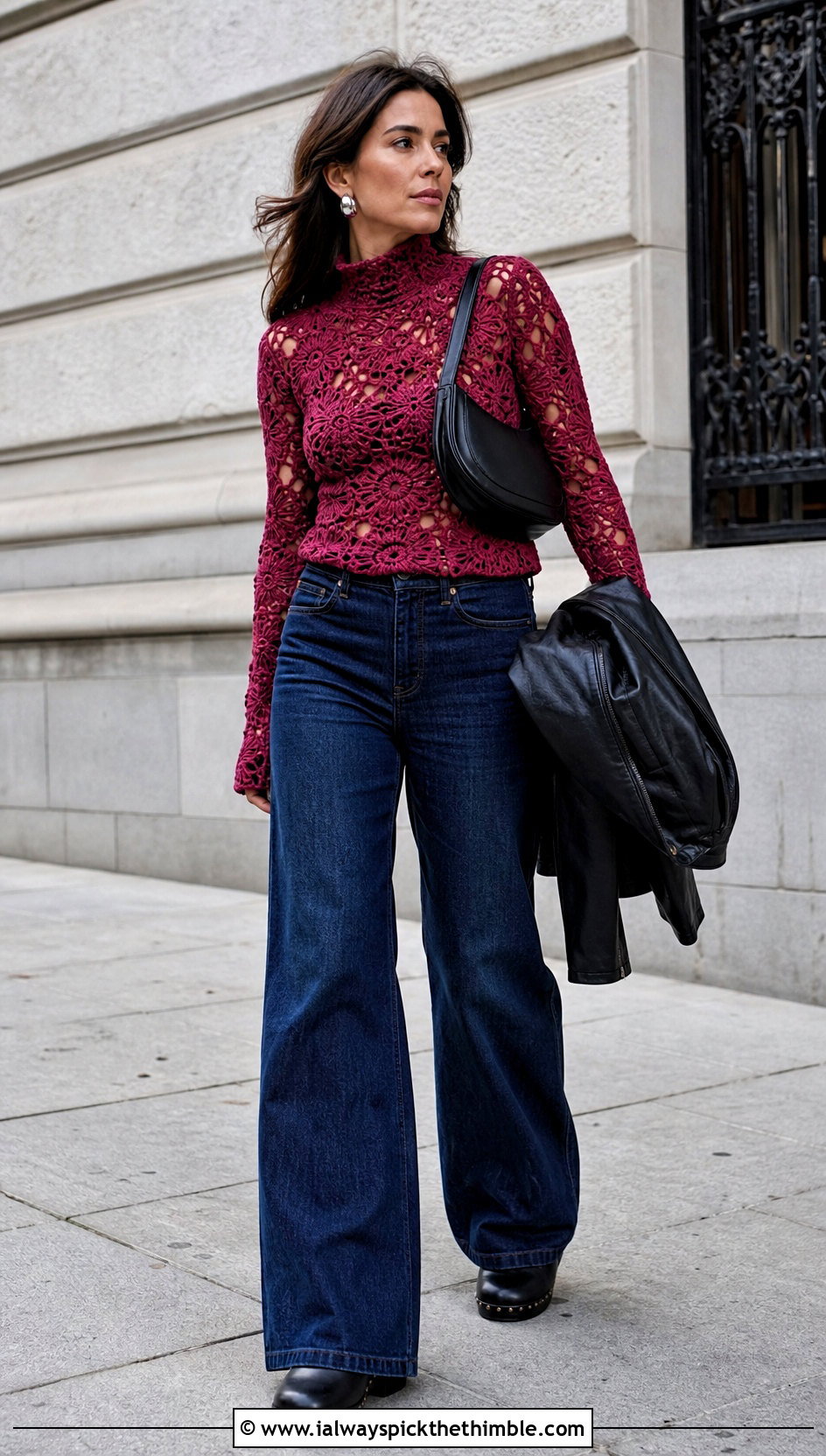Ganni High Neck Crochet Top With Wide Leg Jeans - 25 Ganni Crochet Top outfit ideas