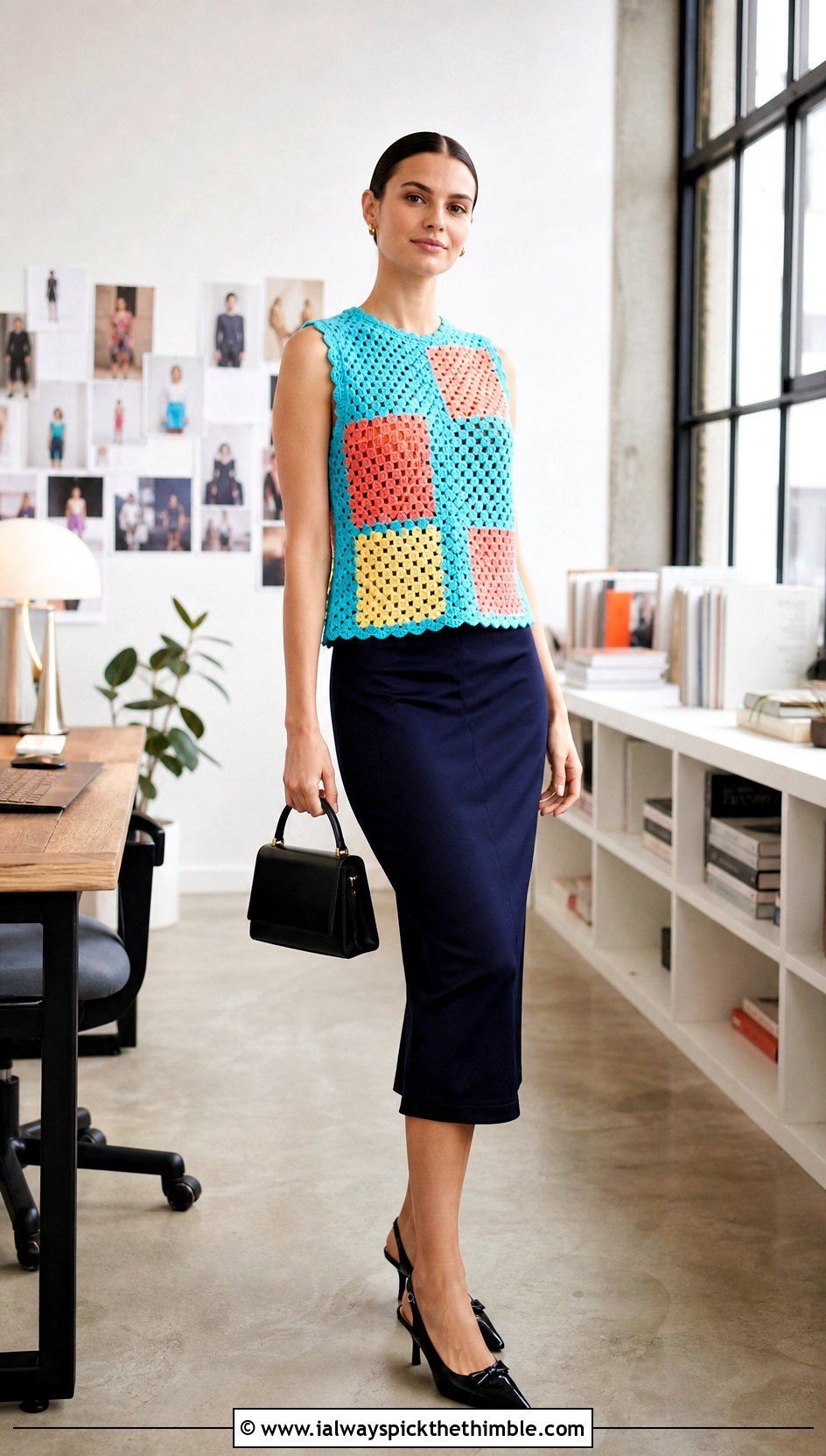 Ganni Patchwork Crochet Top With A Pencil Skirt - 25 Ganni Crochet Top outfit ideas