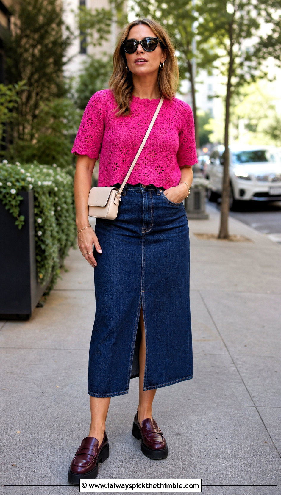 Ganni Short Sleeve Crochet Top With Denim Midi Skirt - 25 Ganni Crochet Top outfit ideas