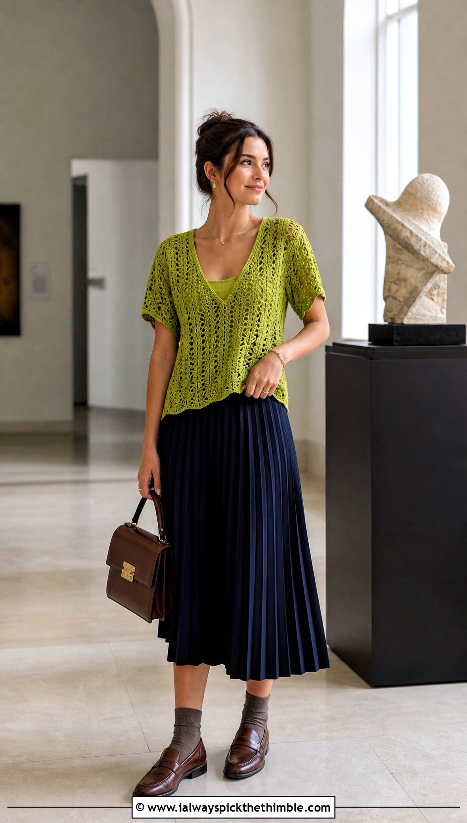 Ganni V Neck Crochet Top With Pleated Midi Skirt - 25 Ganni Crochet Top outfit ideas