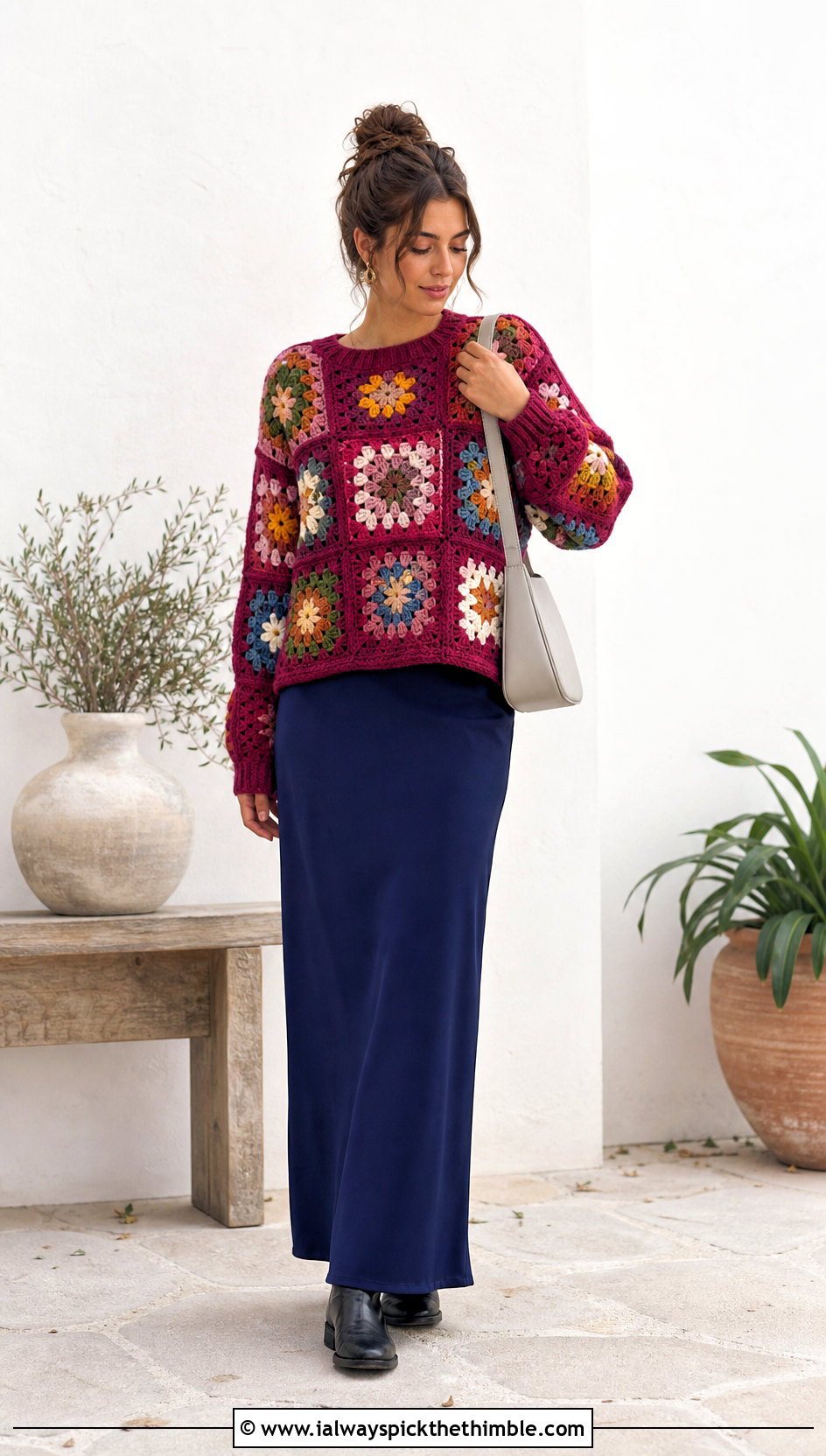 Garden Patchwork Crochet Sweater With Maxi Skirt - 20 flower crochet sweater outfit ideas