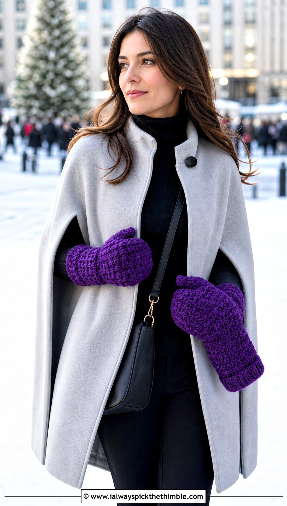 Gauntlet Bulky Crochet Mittens With Cape Coat And Slim Pants - 15 Bulky Crochet Mittens outfit ideas