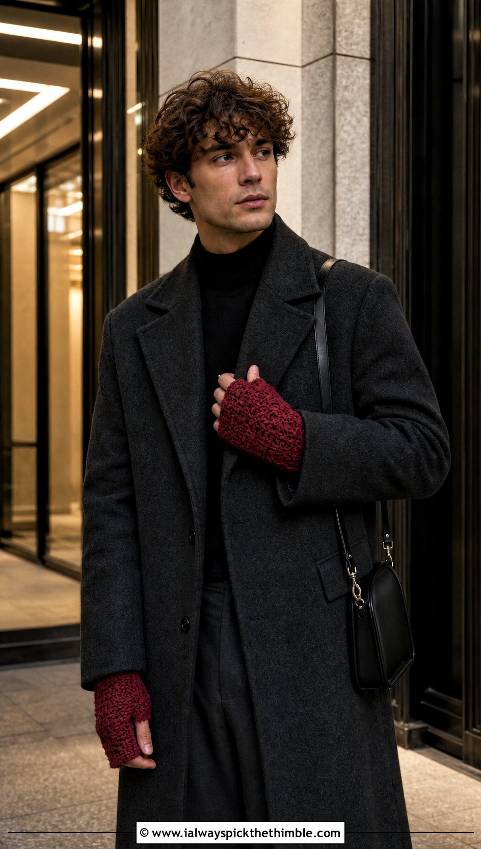 Gauntlet Crochet Mittens With Long Overcoat - 20 Mens Crochet Mittens outfit ideas