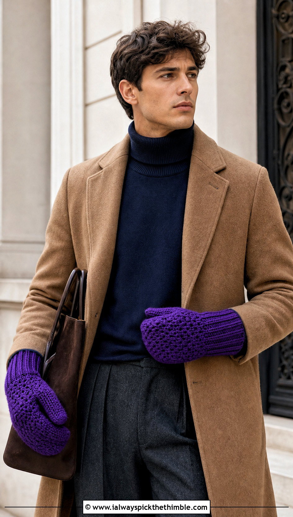 Gauntlet Cuff Crochet Mittens With Camel Coat - 20 crochet mittens for men outfit ideas