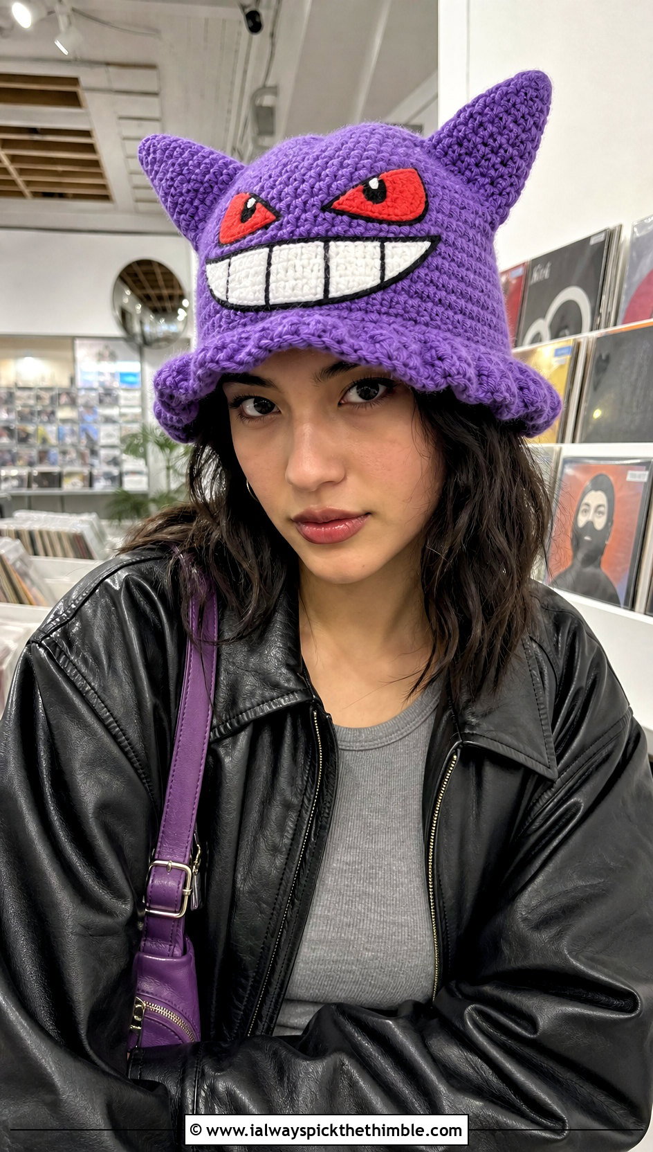 Gengar Face Crochet Bucket Hat With Leather Jacket - 15 Crochet Pokemon Bucket Hat outfit ideas