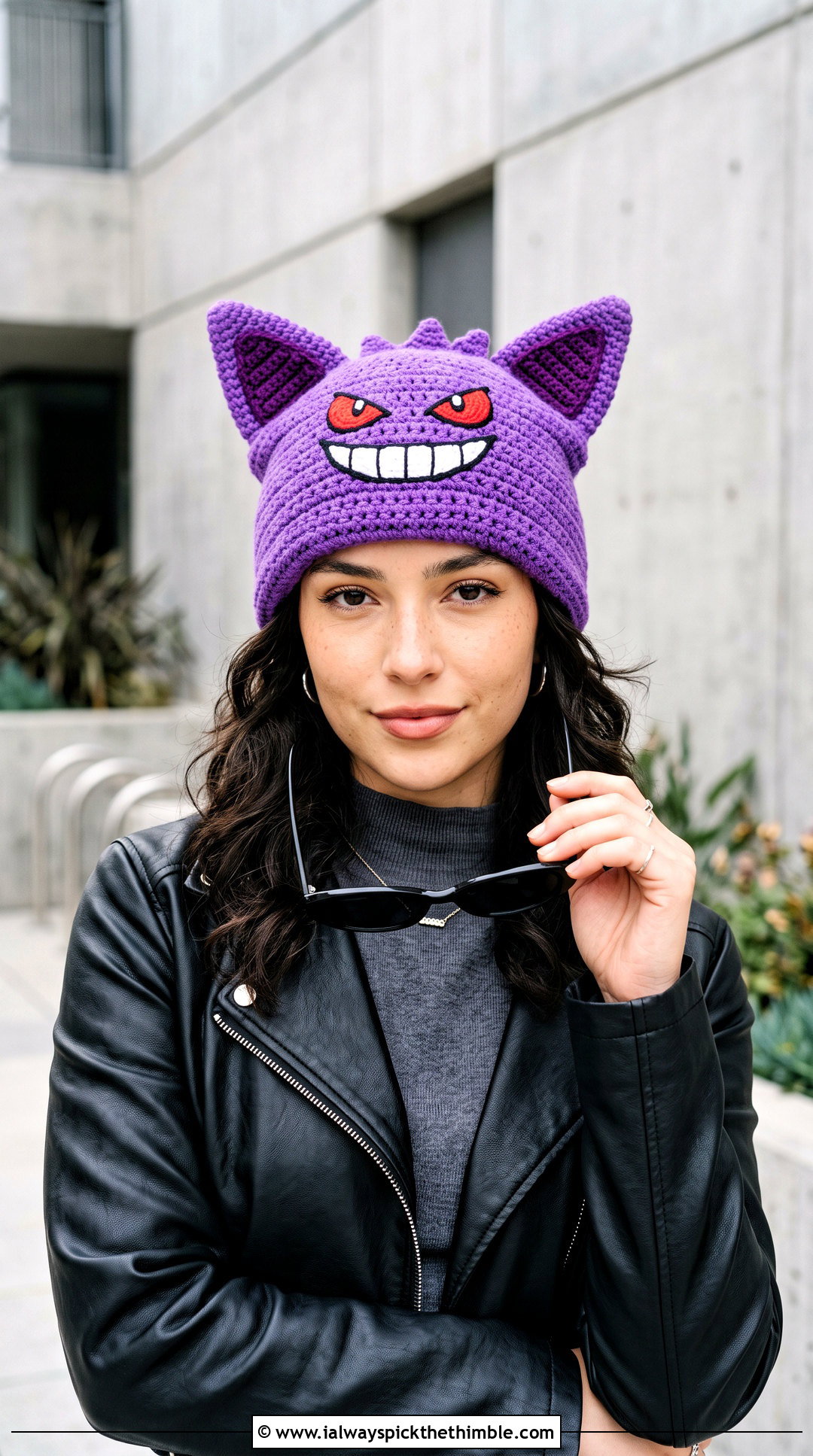 Gengar Slouchy Beanie With Leather Jacket - 20 crochet pokemon beanie outfit ideas