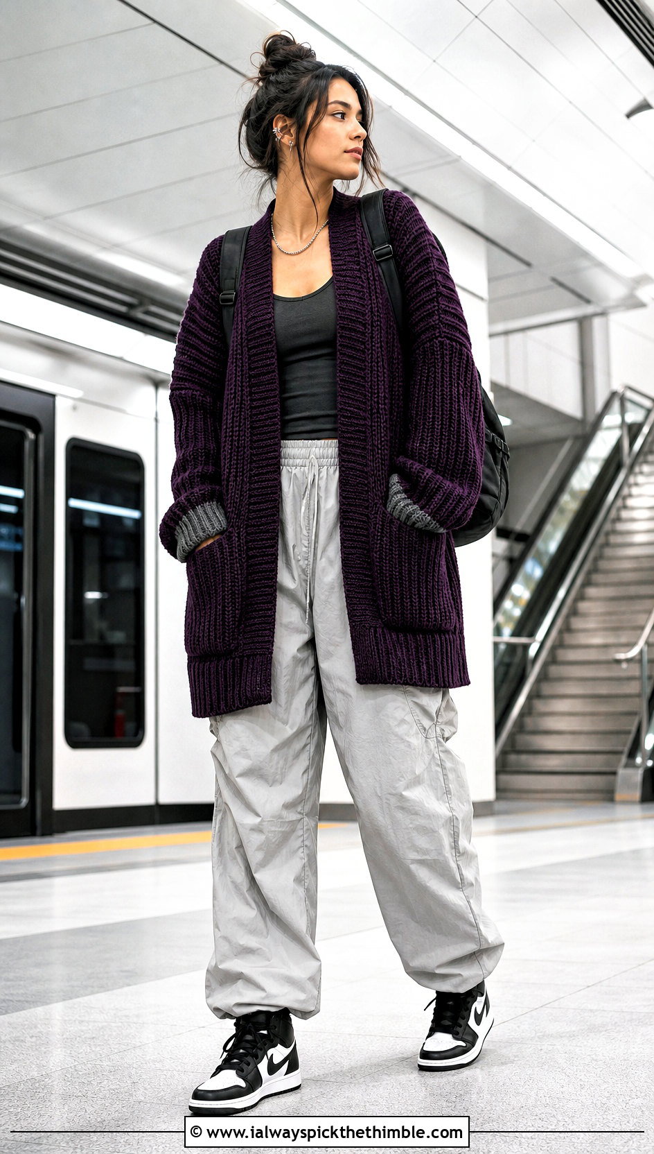 Genya Ribbed Crochet Cardigan With Parachute Pants - 25 Demon Slayer Crochet Cardigan outfit ideas