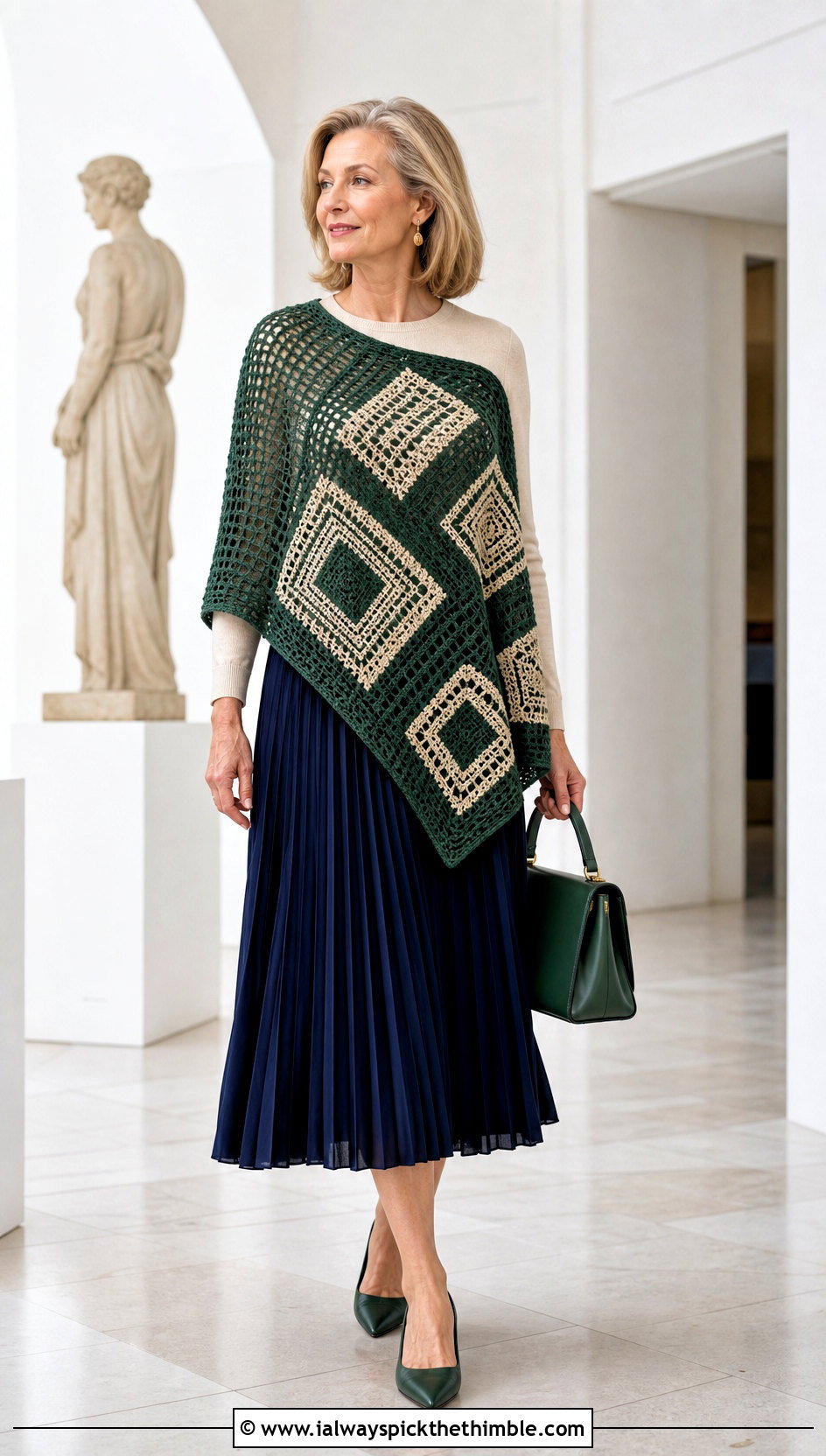 Geometric Asymmetrical Crochet Poncho With Pleated Midi Skirt - 20 Asymmetrical Crochet Poncho outfit ideas