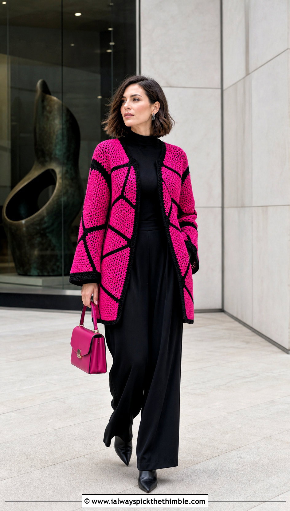 Geometric Block Cardigan With Black Monochrome Outfit - 20 crochet block cardigan outfit ideas