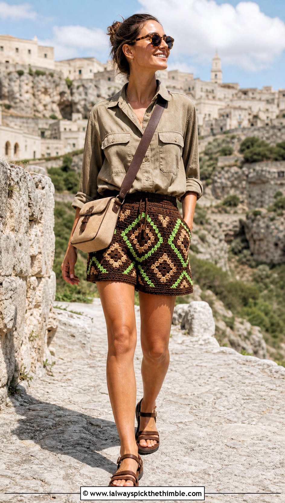 Geometric Brown Crochet Shorts With Utility Shirt - 25 brown crochet shorts outfit ideas