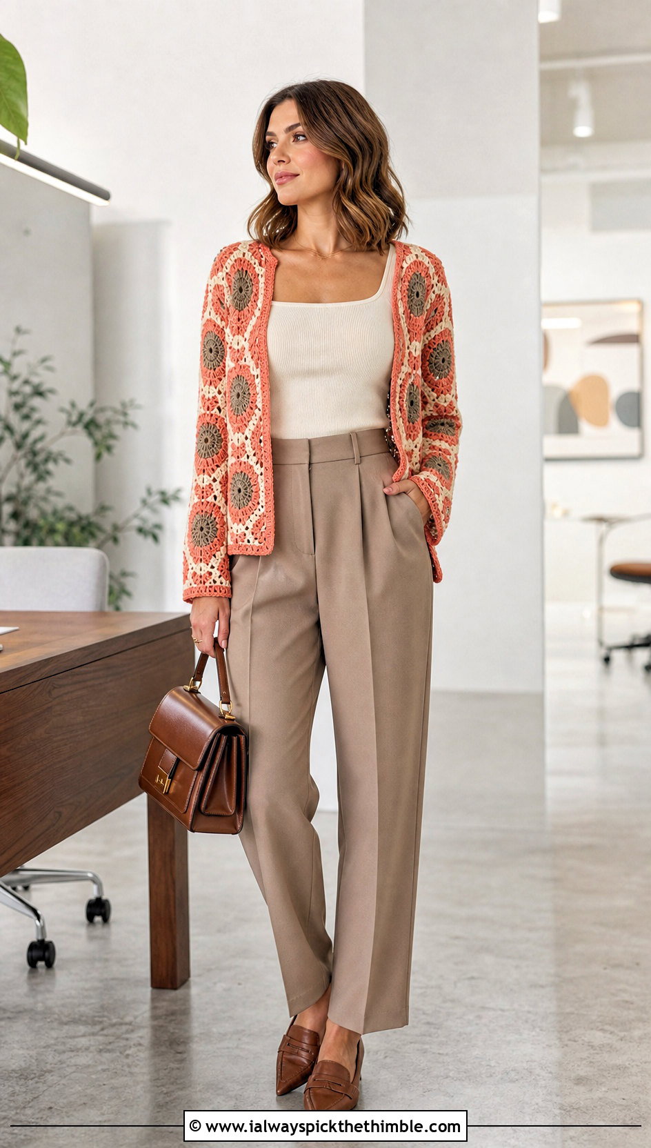 Geometric Circle Cardigan With Pleated Pants - 20 crochet circle cardigan outfit ideas