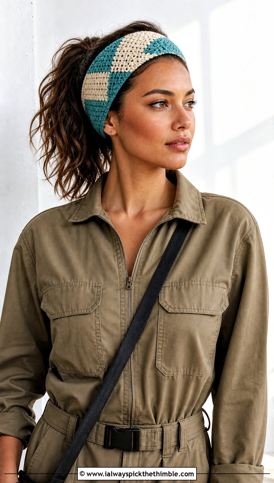 Geometric Colorblock Crochet Headband With Utility Jumpsuit - 25 crochet headbands outfit ideas