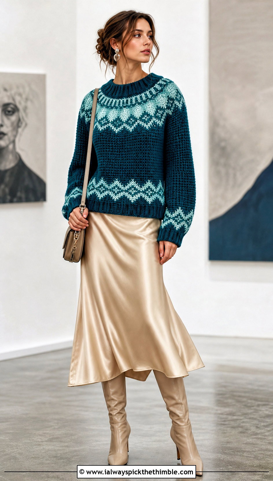 Geometric Colorwork Nordic Crochet Sweater With Satin Midi Skirt - 20 nordic crochet sweater outfit ideas