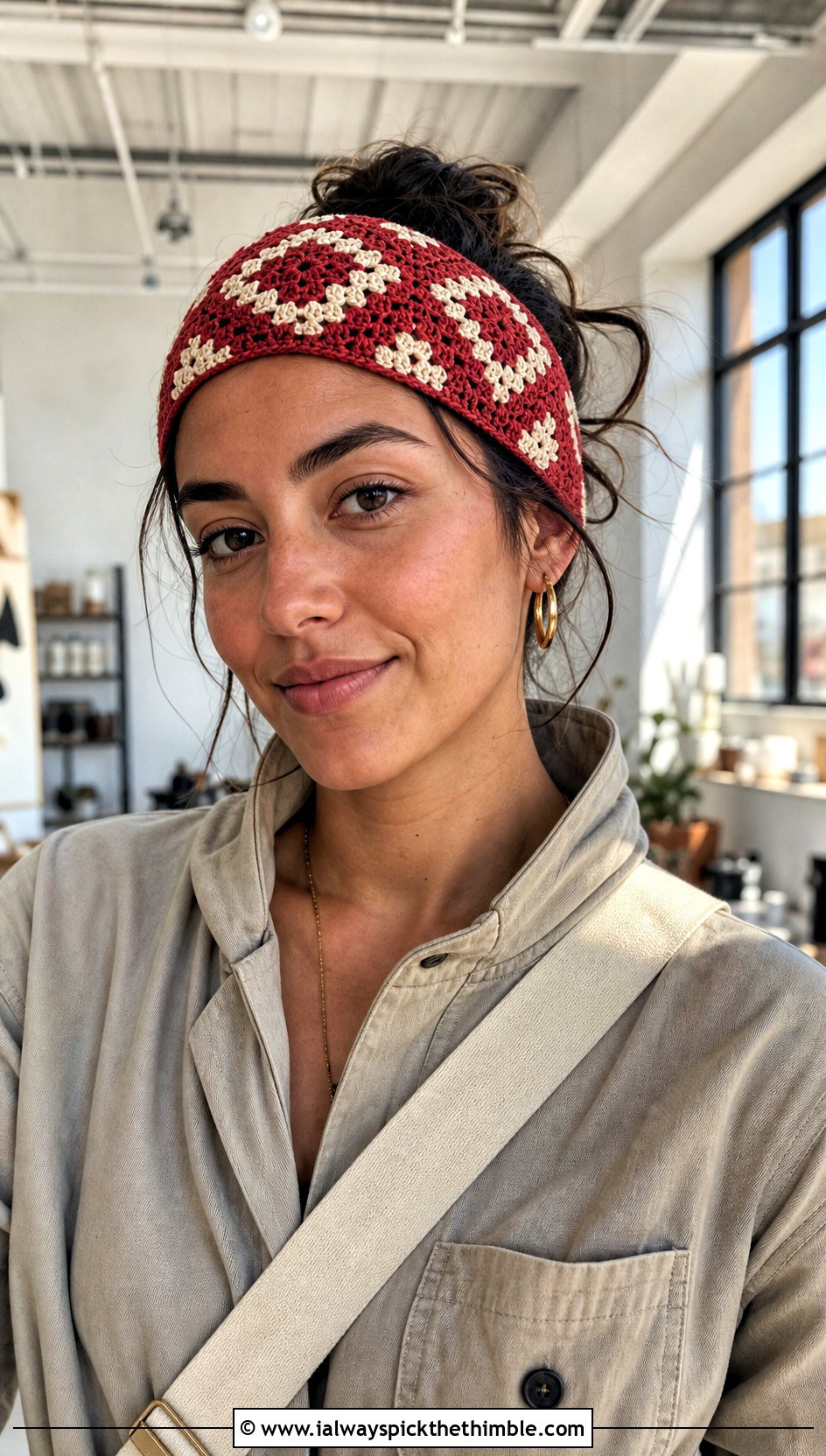 Geometric Crochet Bandana Headband With Utility Jumpsuit - 20 Crochet Bandana Headband outfit ideas