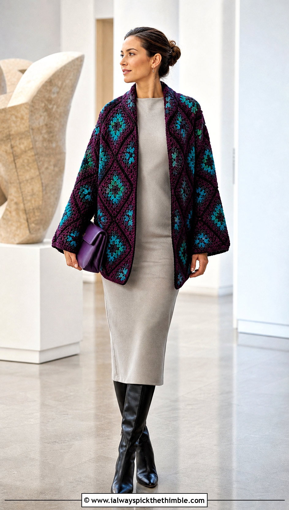 Geometric Crochet Blanket Jacket With Column Dress - 20 crochet blanket jacket outfit ideas