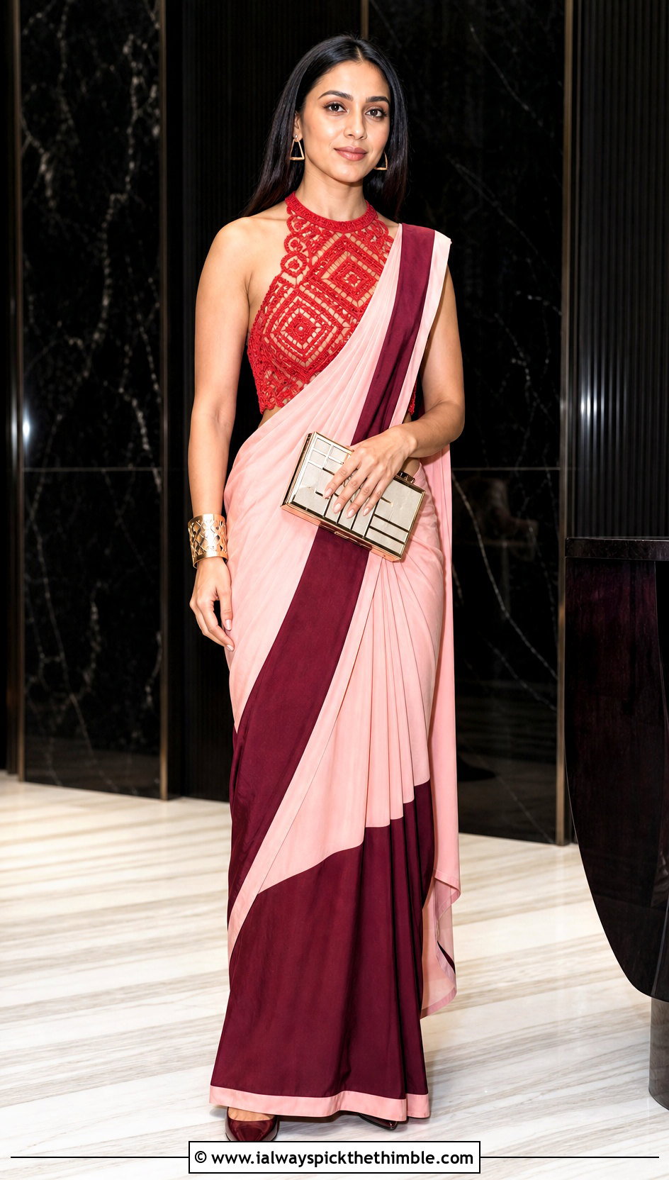 Geometric Crochet Blouse With Color Block Saree - 25 Crochet Blouse For Saree outfit ideas