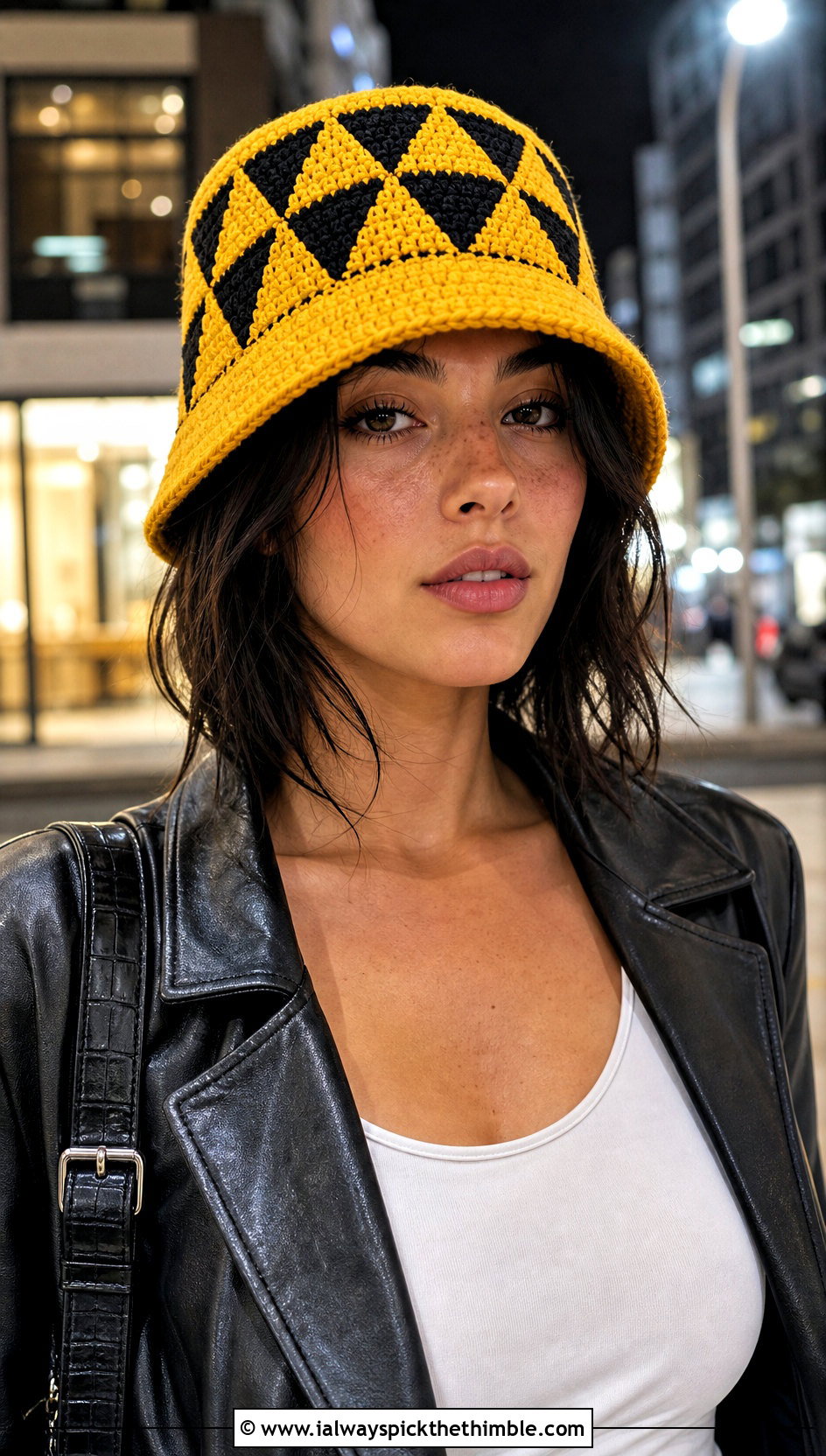 Geometric Crochet Bucket Hat With Leather Jacket - 20 Crochet Bucket Hat Design Ideas