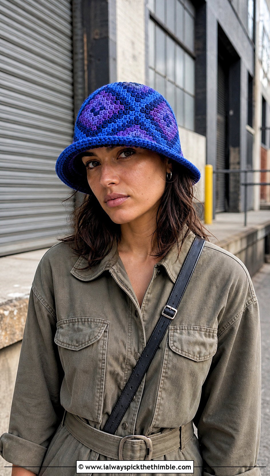 Geometric Crochet Bucket Hat With Utility Jumpsuit And Boots - 20 Crochet Cute Bucket Hat outfit ideas