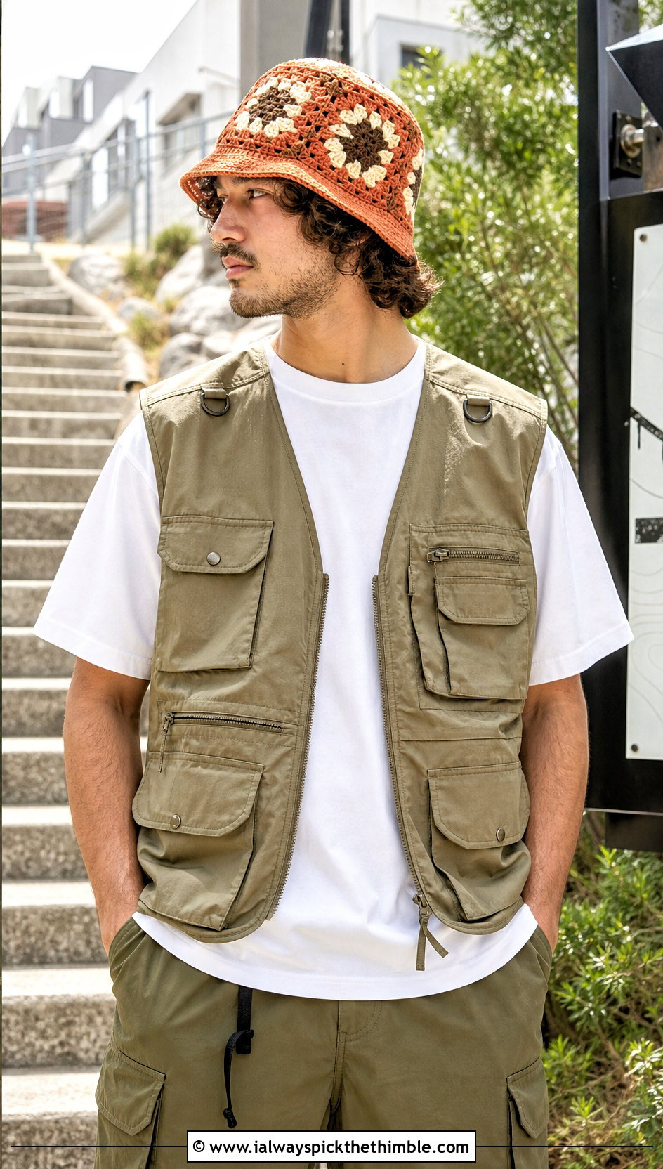 Geometric Crochet Bucket Hat With Utility Vest And Cargo Shorts - 25 men crochet bucket hat outfit ideas