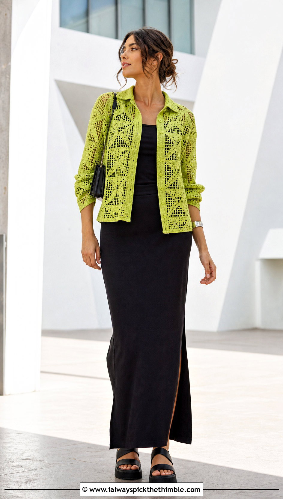 Geometric Crochet Button Front Shirt With Column Skirt - 25 crochet collared shirt outfit ideas
