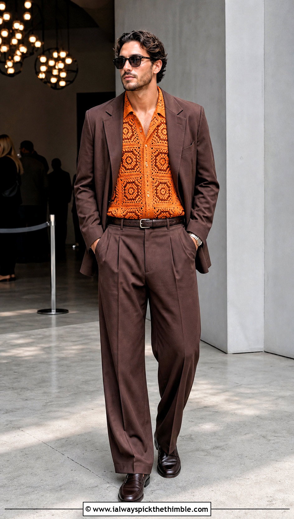 Geometric Crochet Button Up Shirt With A Relaxed Suit - 25 crochet mens shirt outfit ideas