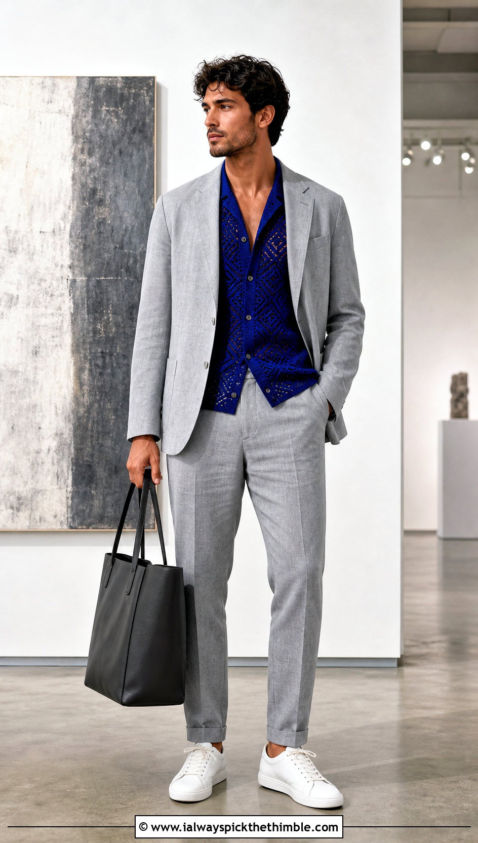 Geometric Crochet Button Up Shirt With A Relaxed Suit - 25 crochet man shirt outfit ideas