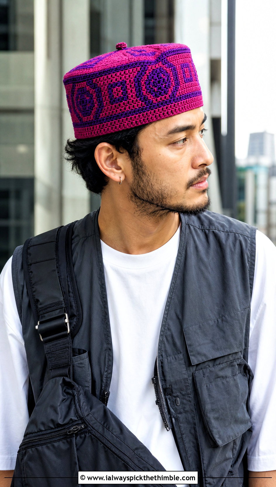 Geometric Crochet Cap With Utility Vest - 25 men's crochet hat outfit ideas