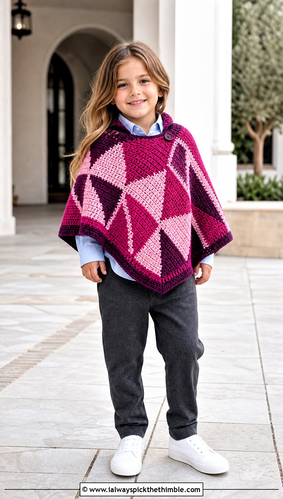 Geometric Crochet Carseat Poncho With Oxford Shirt And Trousers - 20 Crochet Carseat Poncho outfit ideas