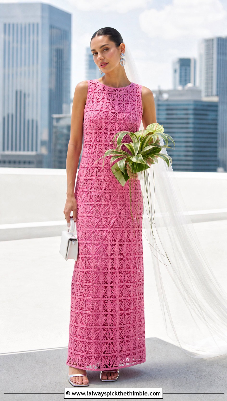Geometric Crochet Column Wedding Dress - 20 boho crochet wedding dress outfit ideas