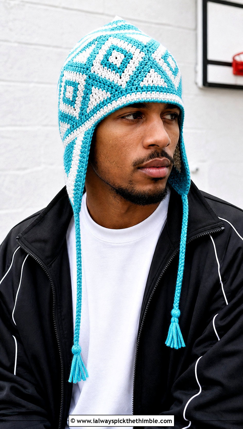 Geometric Crochet Earflap Hat With Tracksuit - 20 Mens Crochet Earflap Hat outfit ideas