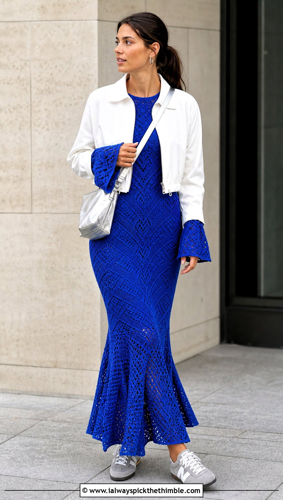 Geometric Crochet Fishtail Flare Sleeve Maxi Dress With Sporty Jacket - 20 Crochet Fishtail Flare Sleeve Maxi Dress outfit ideas