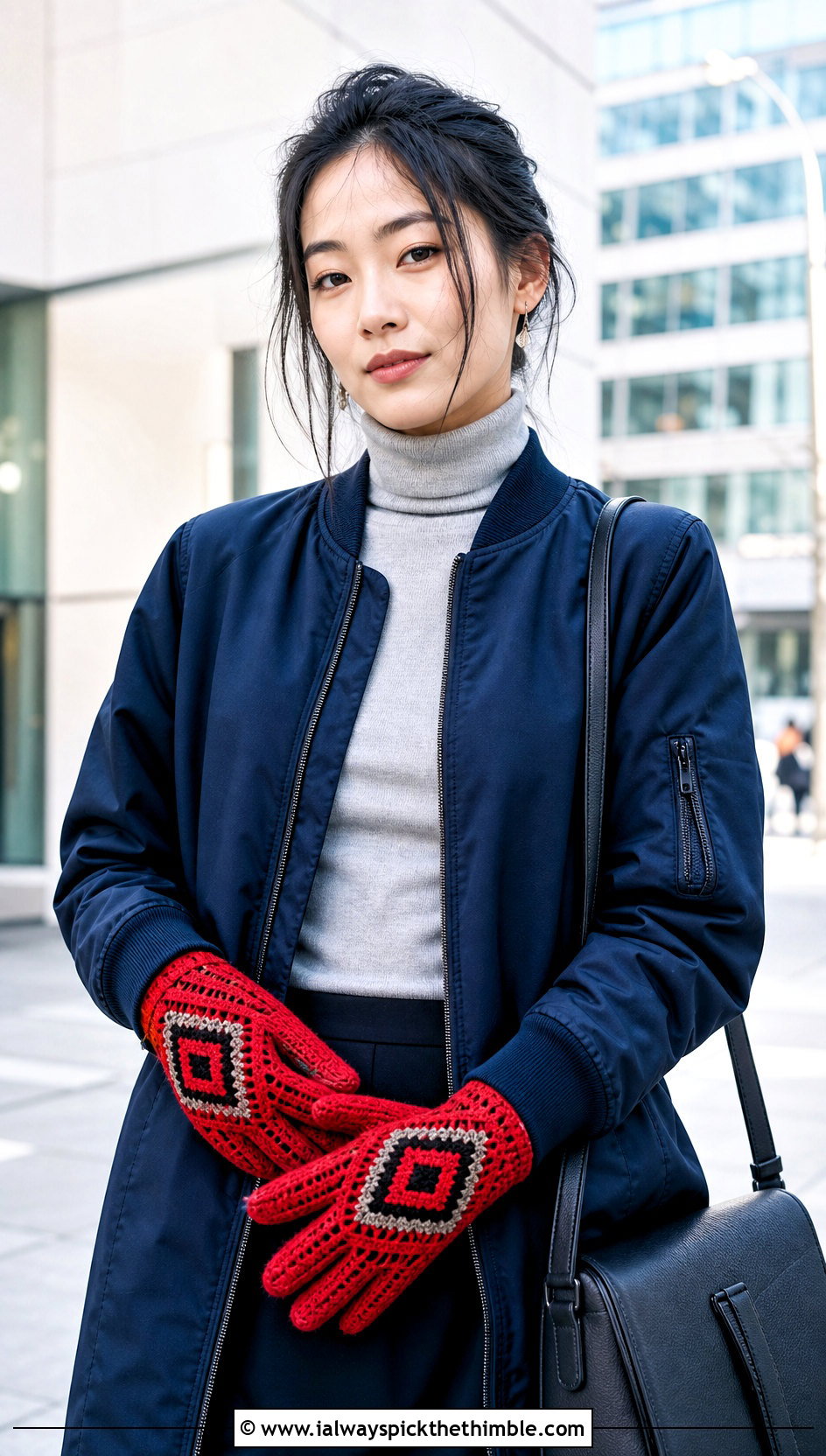 Geometric Crochet Gloves With Bomber Jacket - 20 crochet glove outfit ideas