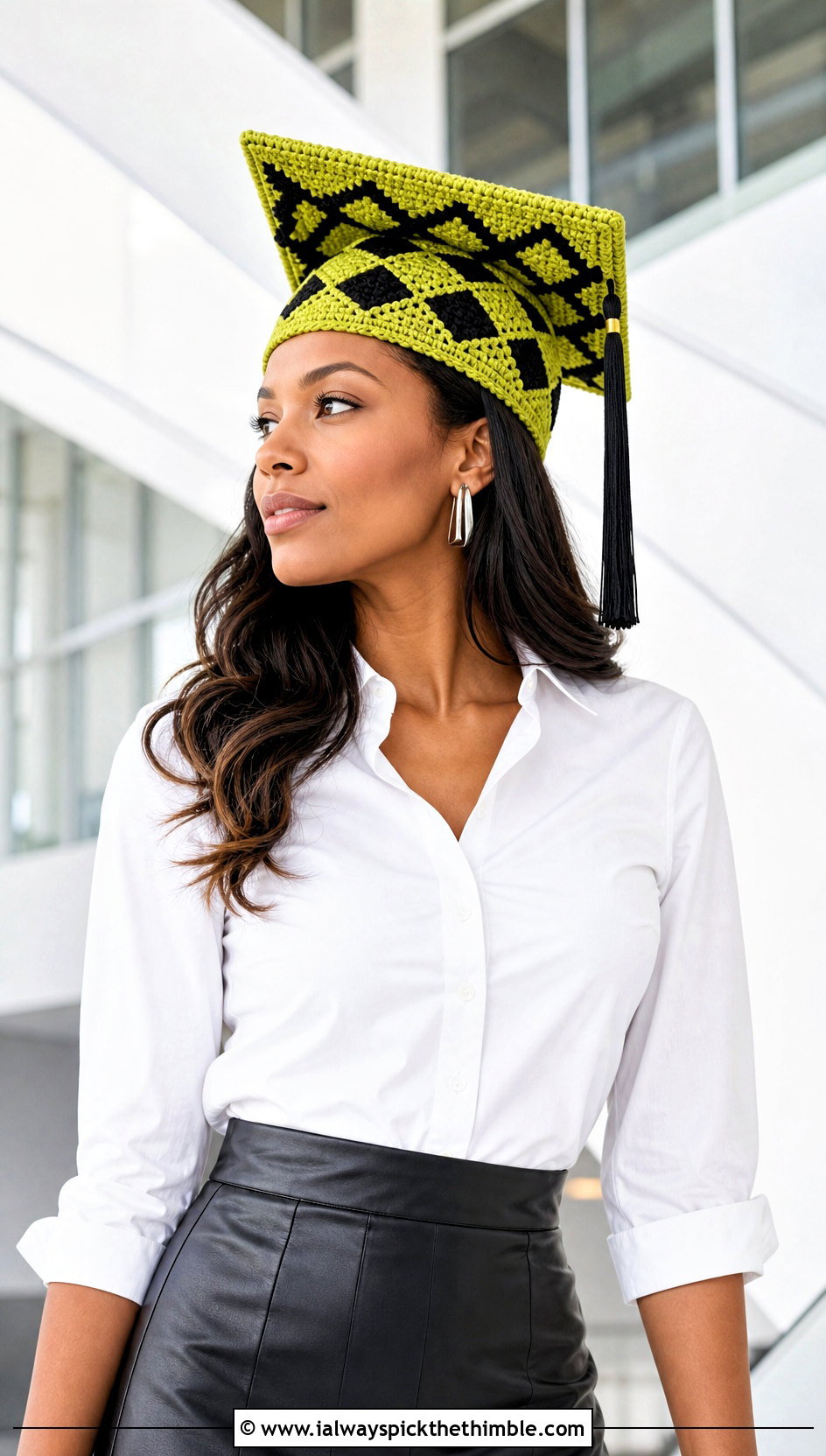 Geometric Crochet Graduation Cap With Leather Skirt - 25 crochet graduation cap outfit ideas