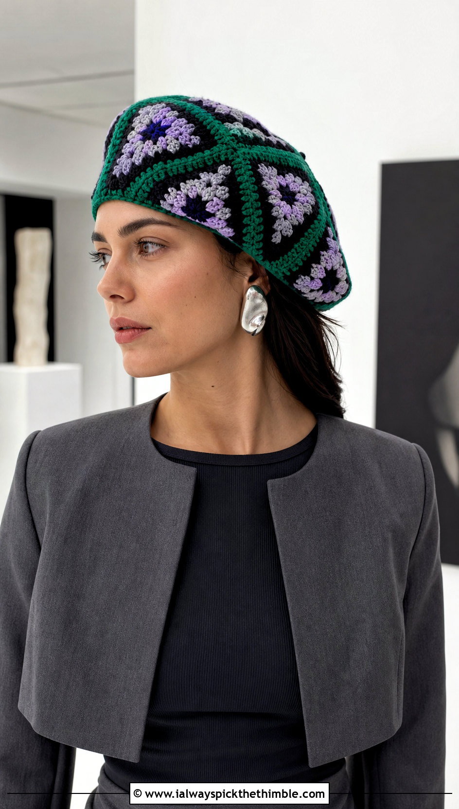 Geometric Crochet Granny Square Beret With Column Skirt - 20 Crochet Granny Square Beret outfit ideas