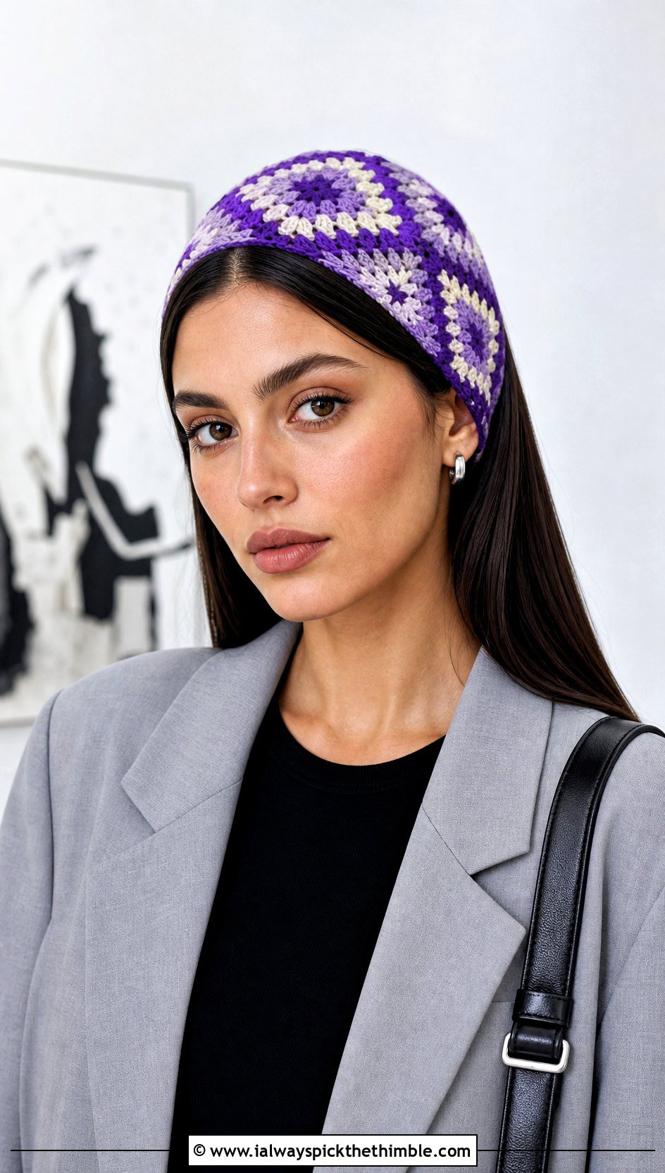 Geometric Crochet Granny Square Headband With Blazer Outfit - 15 Crochet Granny Square Headband outfit ideas