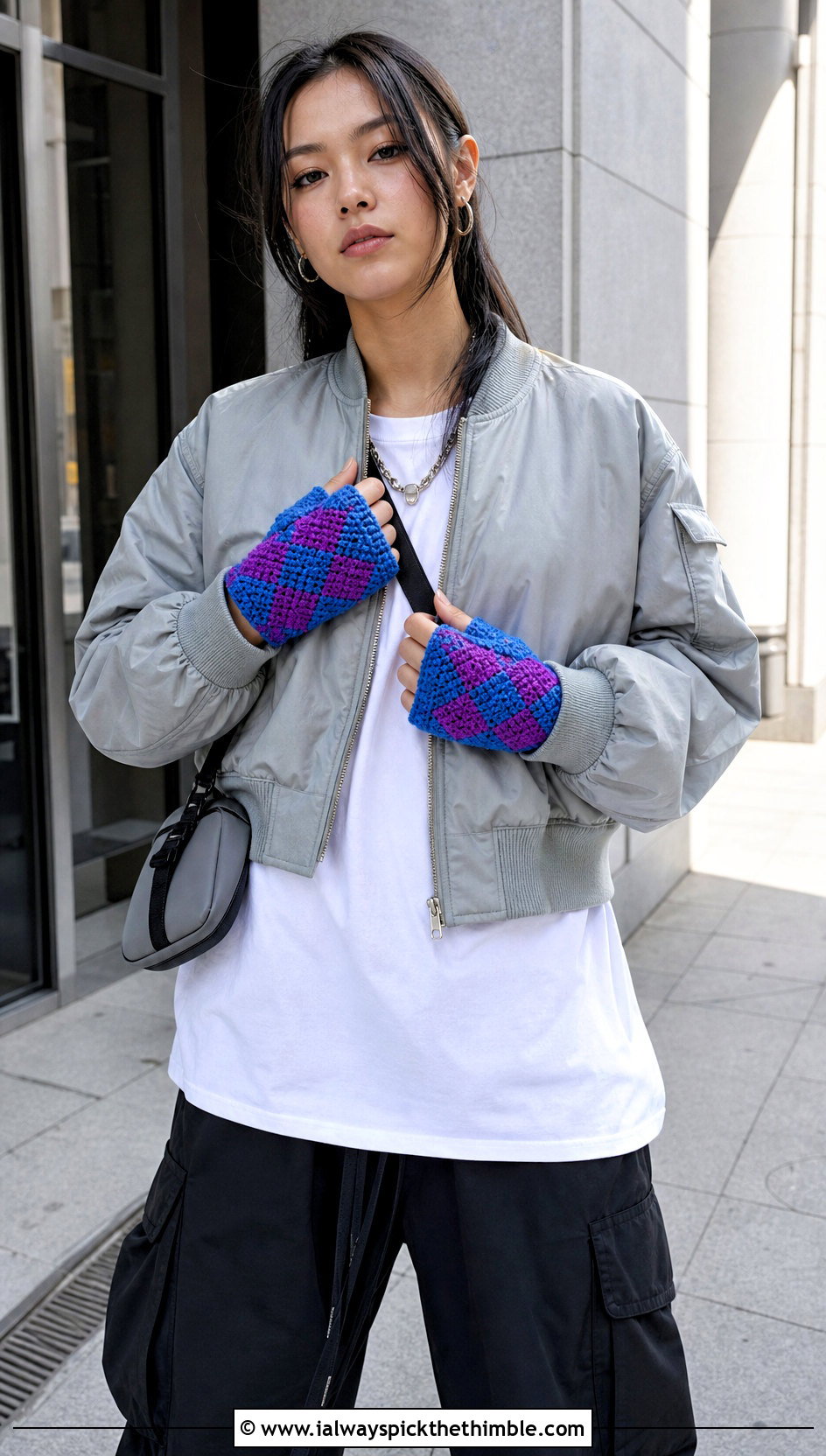 Geometric Crochet Half Finger Gloves With Bomber Jacket - 20 crochet half finger gloves outfit ideas