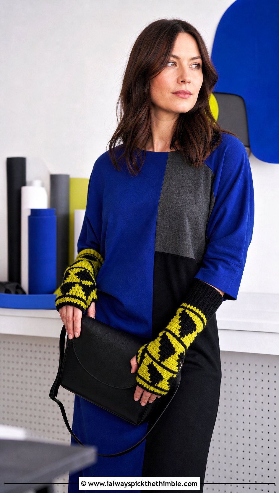 Geometric Crochet Hand Warmers With Color Block Dress - 25 crochet hand warmers outfit ideas