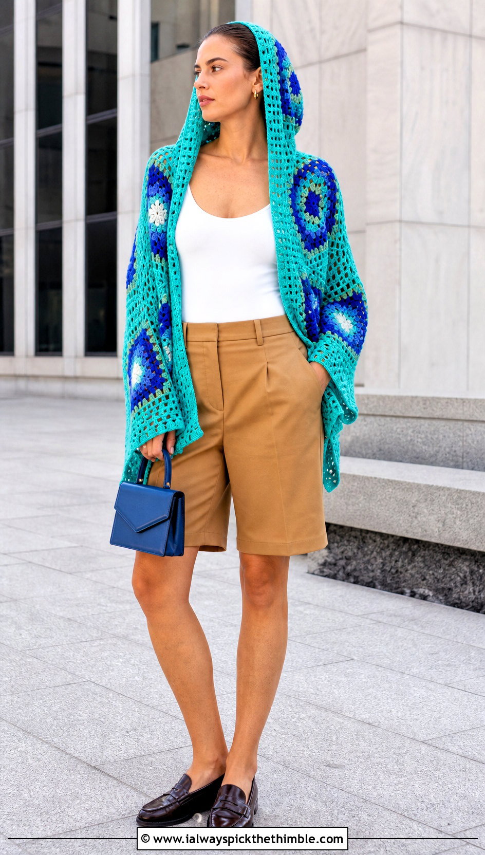 Geometric Crochet Hooded Poncho With Tailored Shorts - 25 Crochet Hooded Poncho outfit ideas