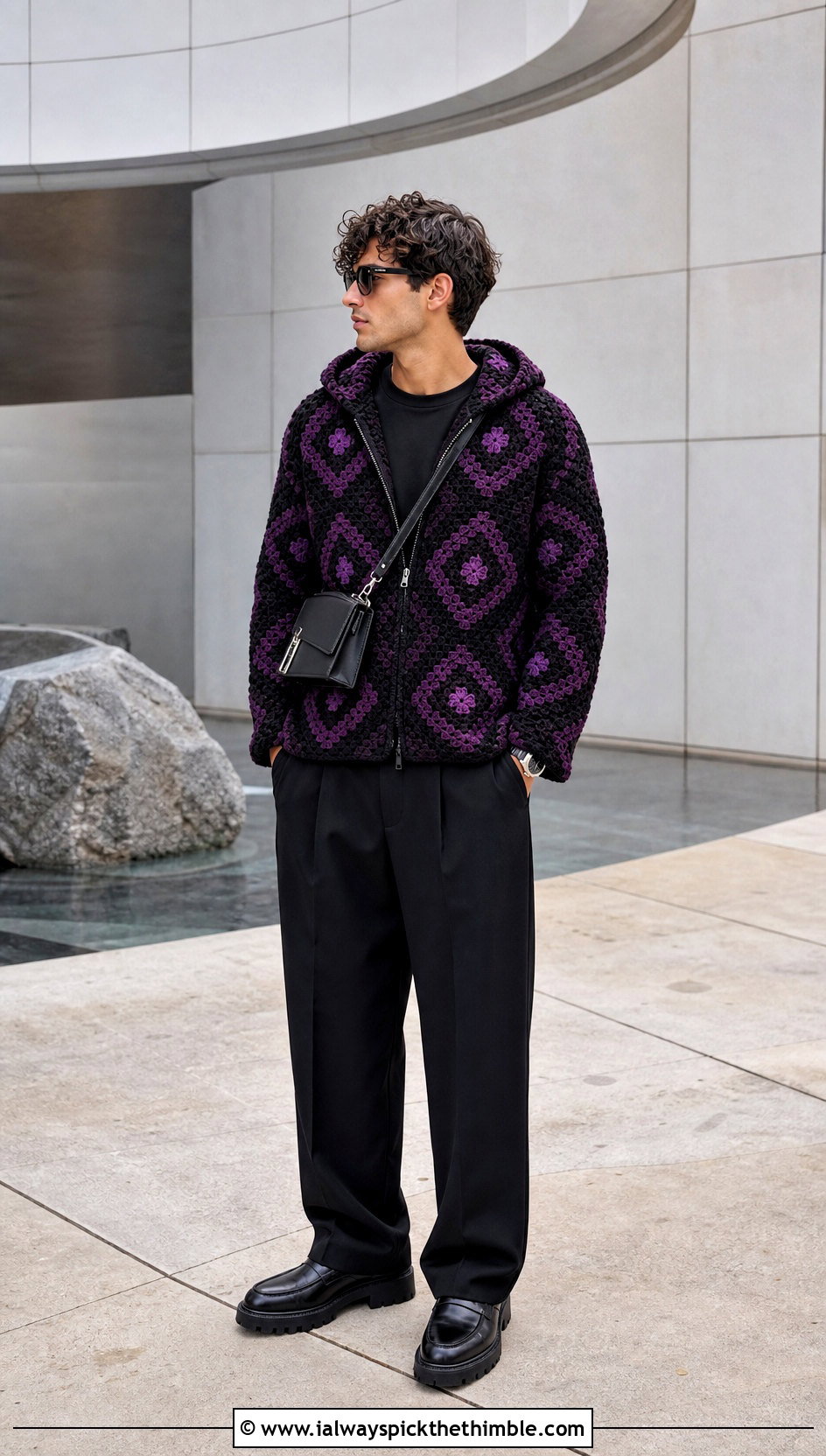 Geometric Crochet Hoodie With Suit Trousers - 20 Crochet Hoodies For Men outfit ideas