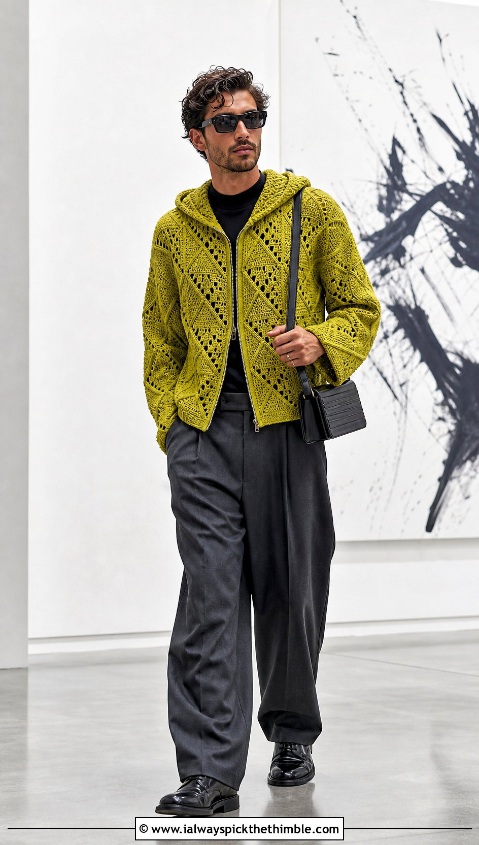 Geometric Crochet Hoodie With Wide Leg Trousers - 20 Crochet Hoodie Men outfit ideas